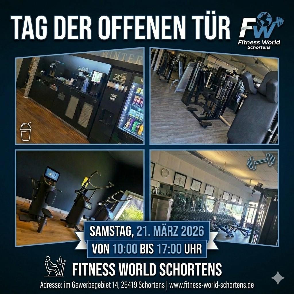 Frau in sportlicher Kleidung springt vor gelbem Hintergrund, Werbung für Fitnessjobs in Schortens und Jever.